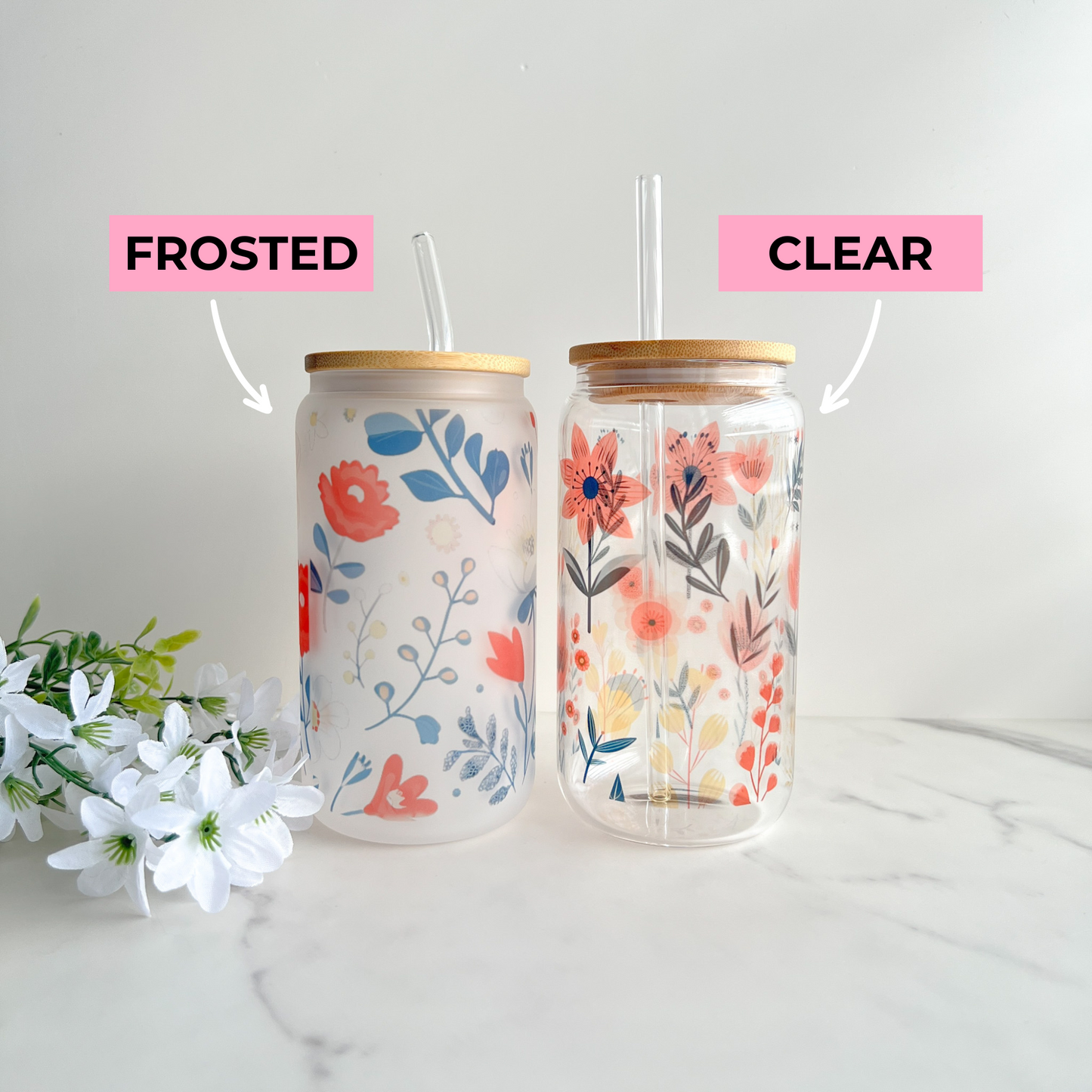 Floral | Glass Can Cup with Lid & Straw