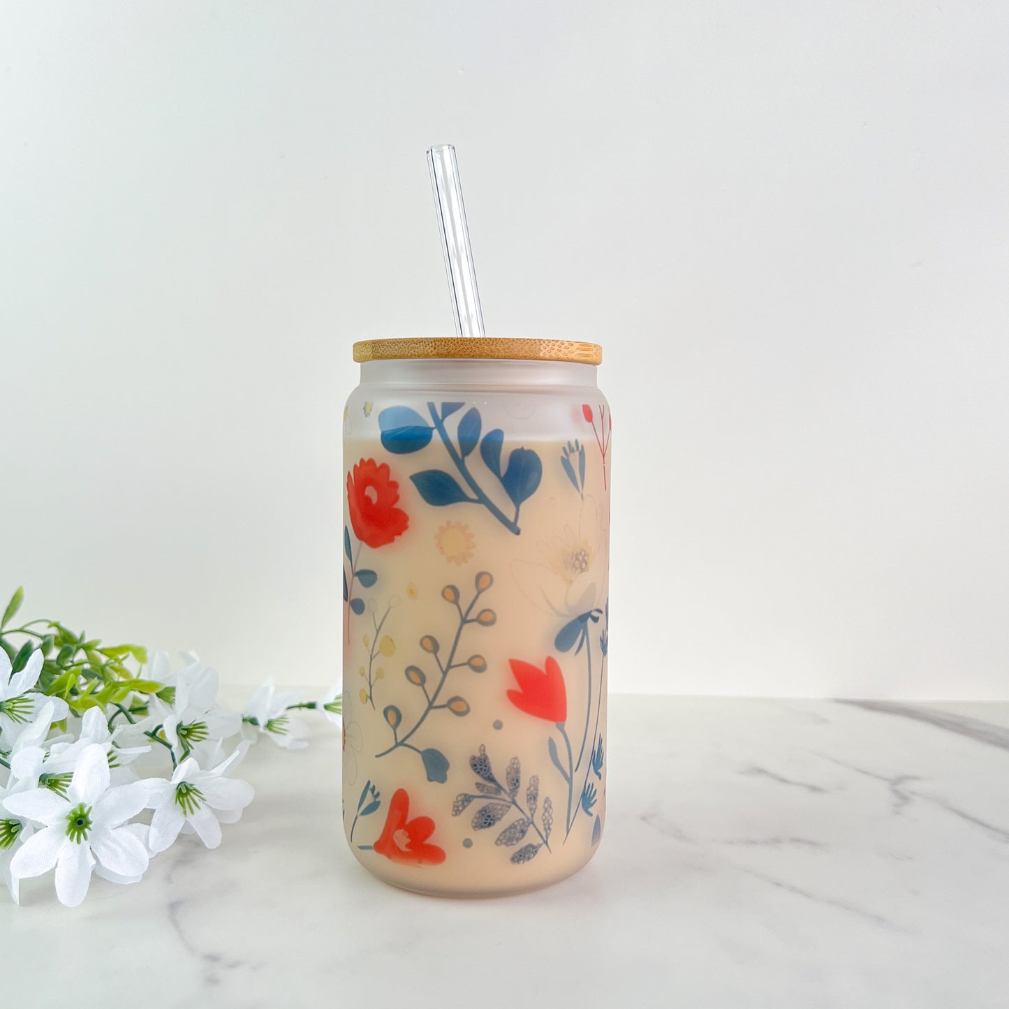 Floral | Glass Can Cup with Lid & Straw