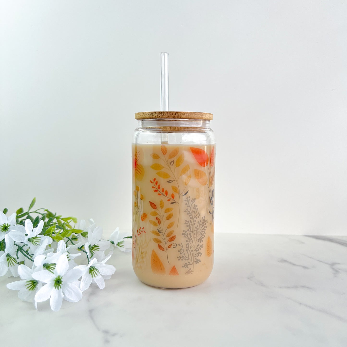 Floral | Glass Can Cup with Lid & Straw