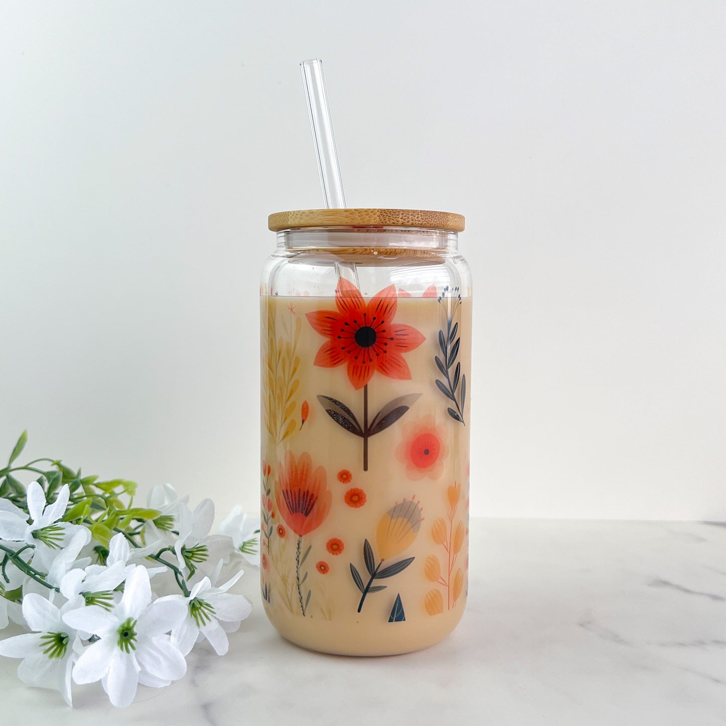 Floral | Glass Can Cup with Lid & Straw