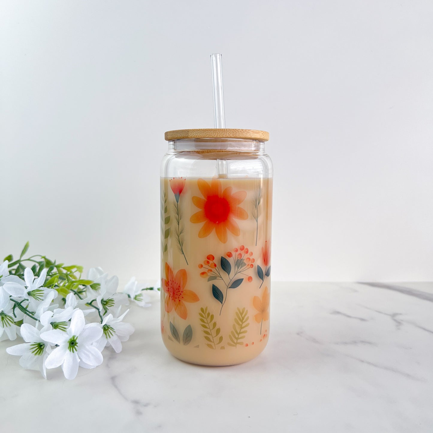 Floral | Glass Can Cup with Lid & Straw