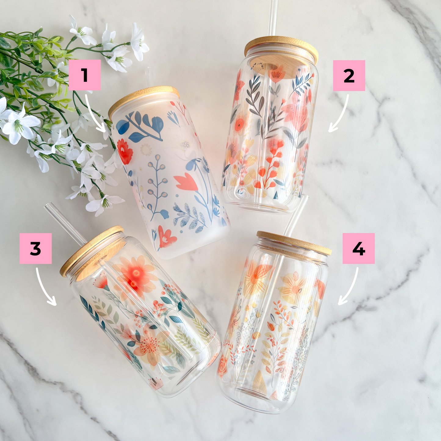 Floral | Glass Can Cup with Lid & Straw