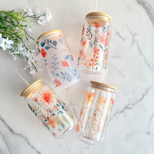 Floral | Glass Can Cup with Lid & Straw