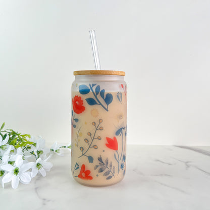 Floral | Glass Can Cup with Lid & Straw