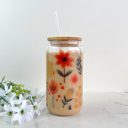 Floral | Glass Can Cup with Lid & Straw